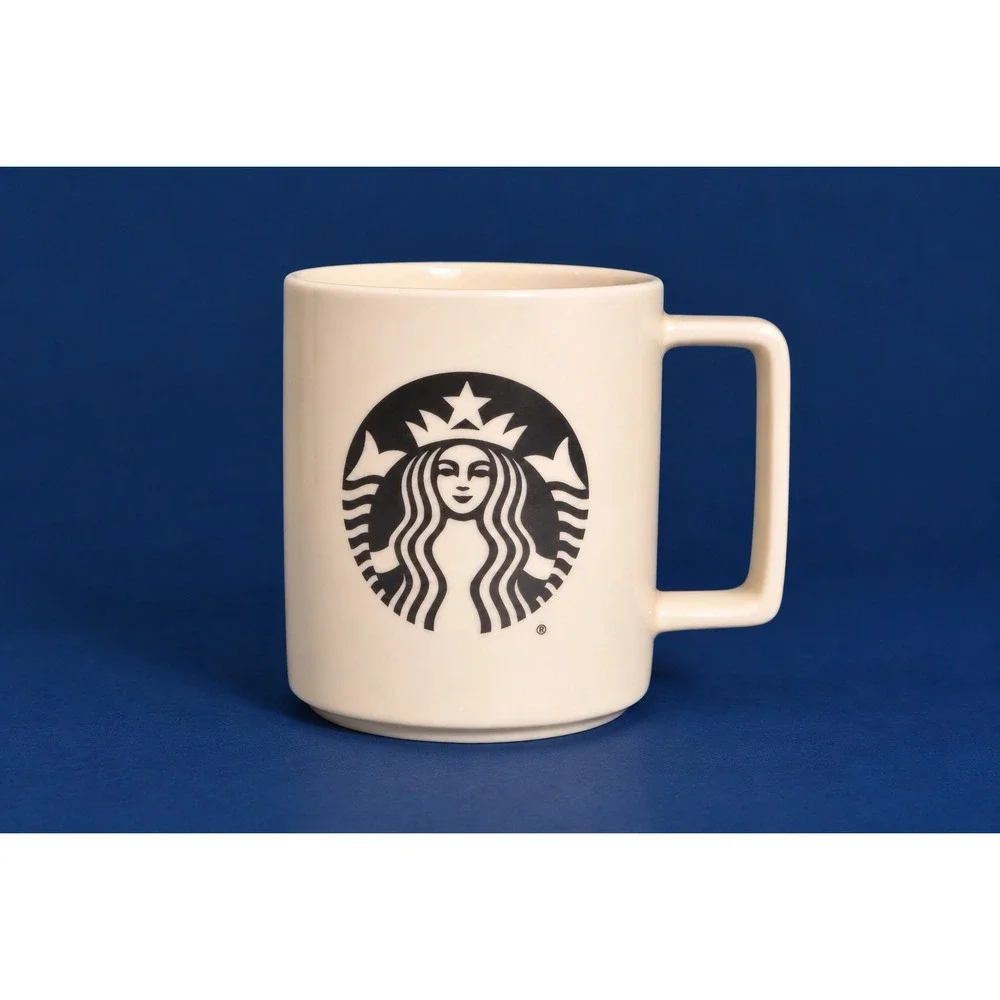 2015 Starbucks 14oz Ivory Ceramic Mug, Black Siren logo, Square Handle, USA
